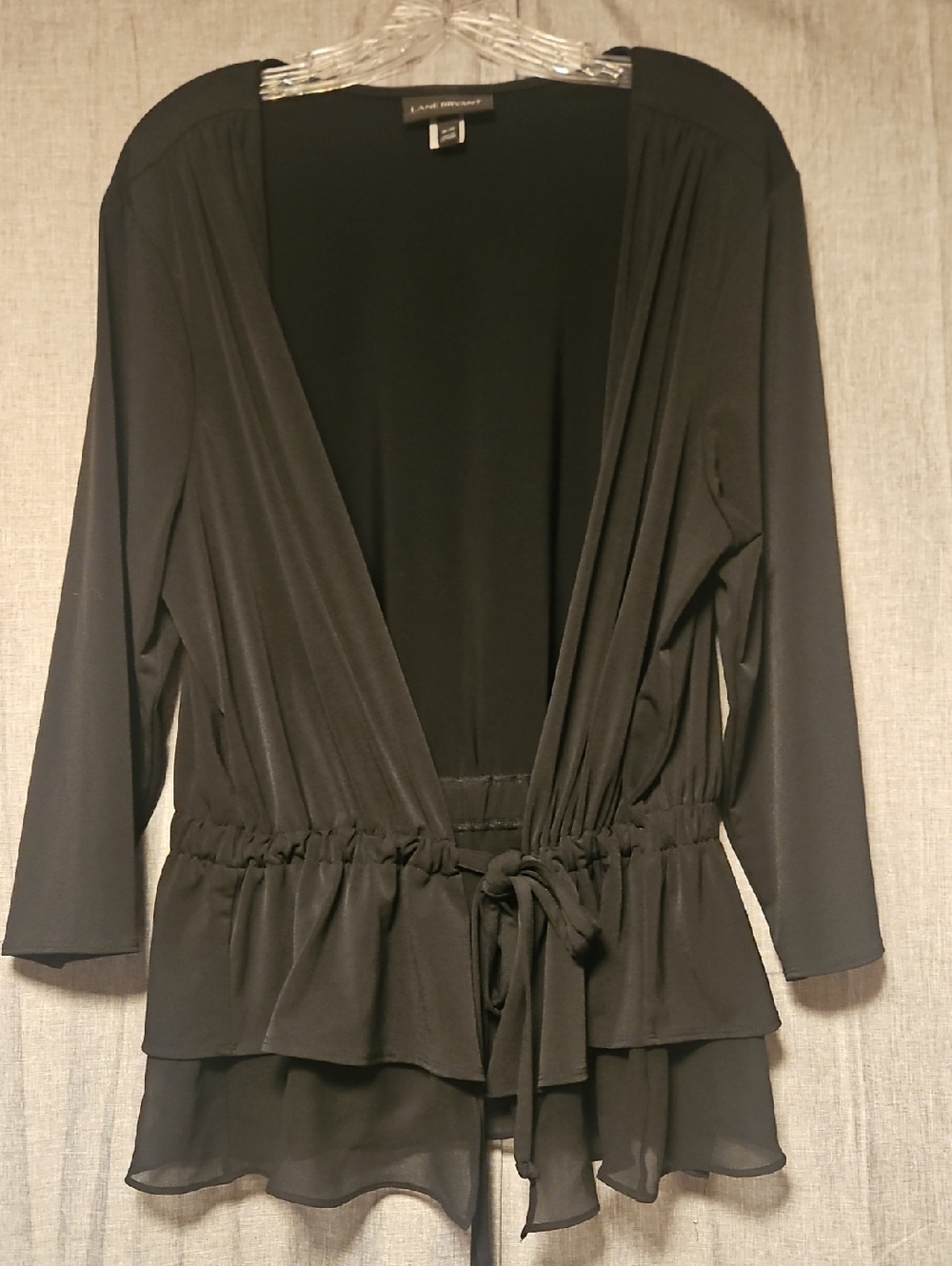 Lane Bryant Black V-Neck Ruffle Tie Front Top: Size 18/20